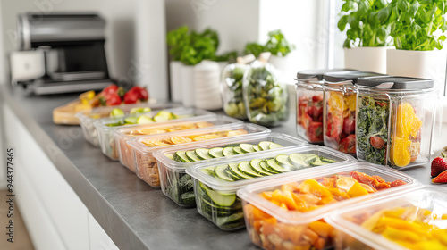 A clean and organized kitchen countertop with reusable silicone bags filled with sliced fruits and vegetables photo