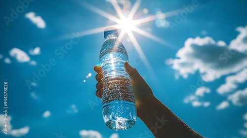 Hand holding a water bottle against a bright blue sky with sun shining. photo