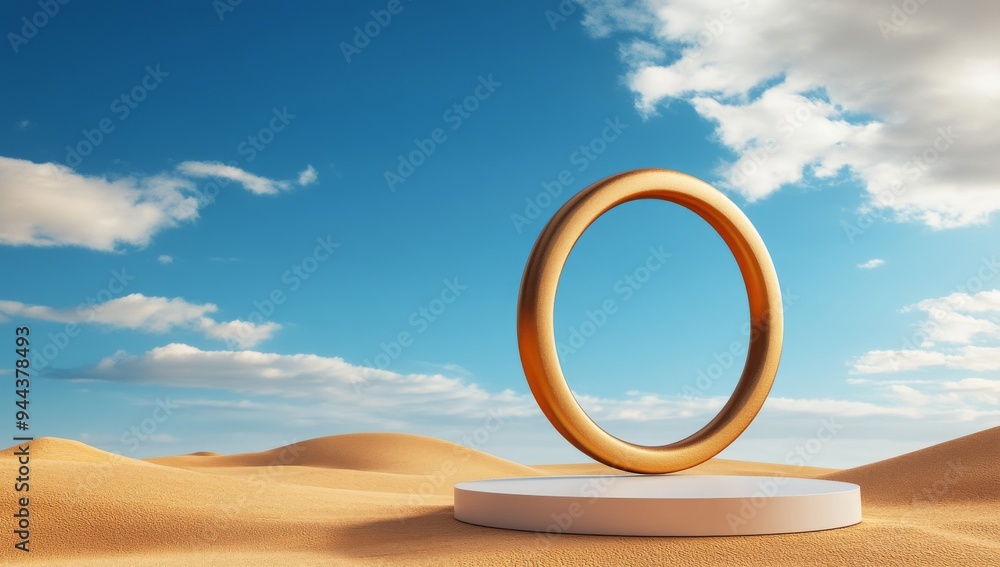 white empty podium platform and a golden ring in the middle of a sand desert with a cloud background white empty podium platform and a golden ring in the middle of a sand desert with a cloud background