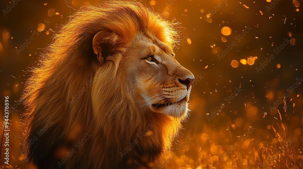 Fototapeta premium Golden sunlight highlighting a majestic lion portrait perfect for stunning and detailed wildlife-themed photos
