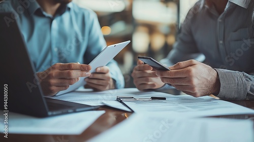 Two businessmen working together at a desk, using a tablet and phone.