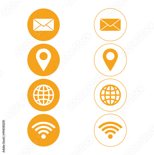 Orange and white mail, geolocation, world and wi fi icons  on a a white background