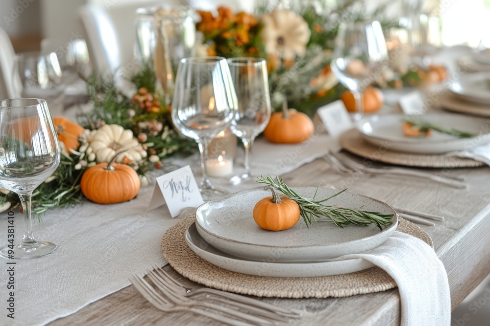 A beautifully set dining table features elegant tableware adorned with mini pumpkins and fresh greenery, perfect for a fall gathering. A beautifully set dining table features elegant tableware adorned with mini pumpkins and fresh greenery, perfect for a fall gathering.