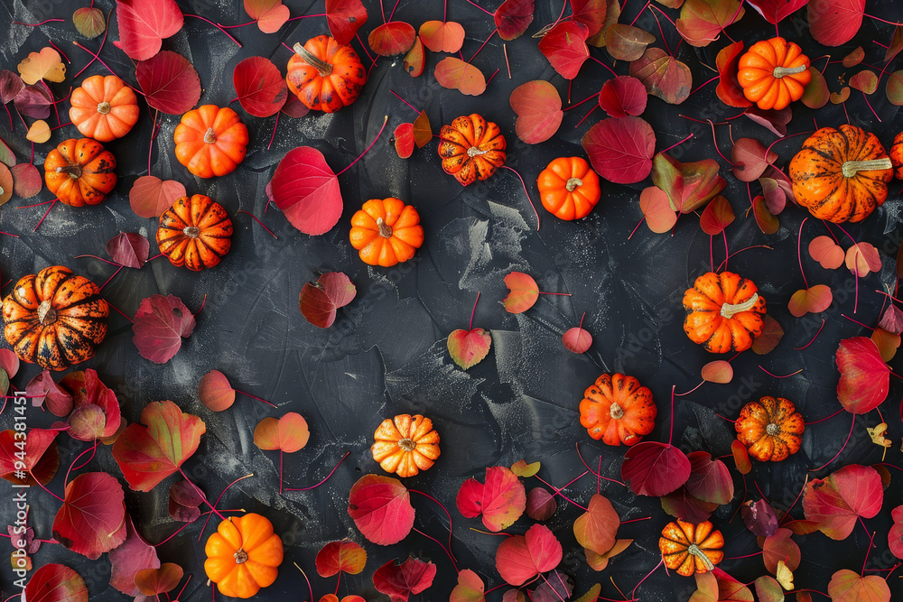 A black background with a bunch of orange and black pumpkins scattered around it A black background with a bunch of orange and black pumpkins scattered around it