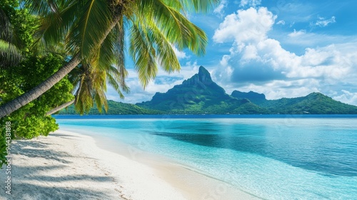 Fototapeta Naklejka Na Ścianę i Meble -  Coconut tree with leaf at sandy beach with sea