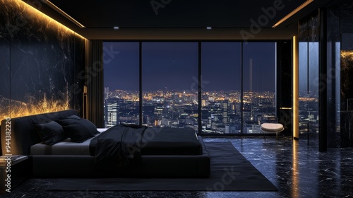 Night scene, Modern style luxury black master bedroom with city view 3d render, There are black terrazzo floor decorated wall with hidden light, furnished with black fabric bed 