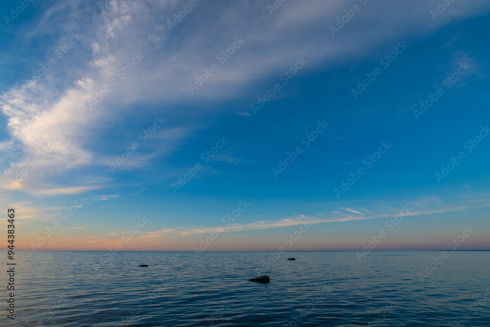 Minimalistic landscape. Calm sea during Sunset. Flying birds in the sky. Estonia, Saaremaa Minimalistic landscape. Calm sea during Sunset. Flying birds in the sky. Estonia, Saaremaa