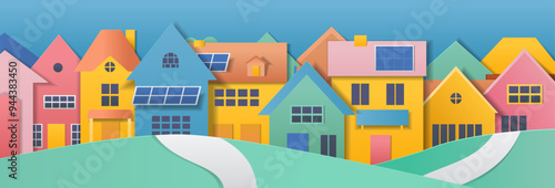 Colorful houses with solar panels paper cut style illustration. Vibrant neighborhood scene with various house designs solar panels green hills blue sky