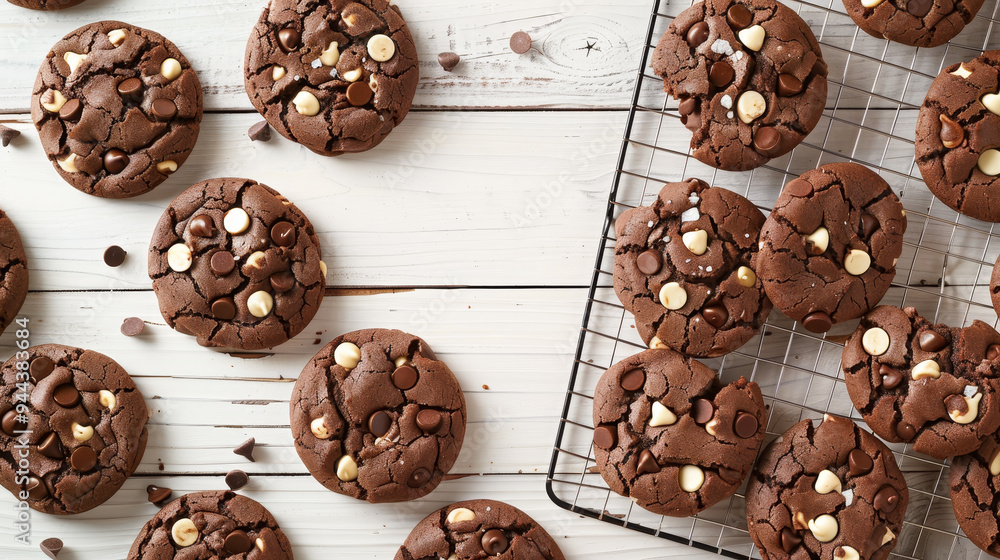 A tray of chocolate chip cookies is displayed on a white table A tray of chocolate chip cookies is displayed on a white table