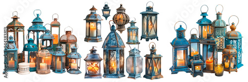Set of vintage lanterns with blue and orange candlelight arranged isolated on a transparent background