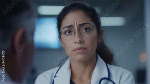 Hispanic sad female doctor compassionately discussing diagnosis with patient family members in private hospital room photo