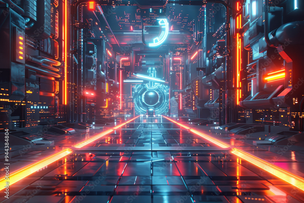 Fototapeta premium A futuristic cityscape with neon lights and a glowing orb in the center