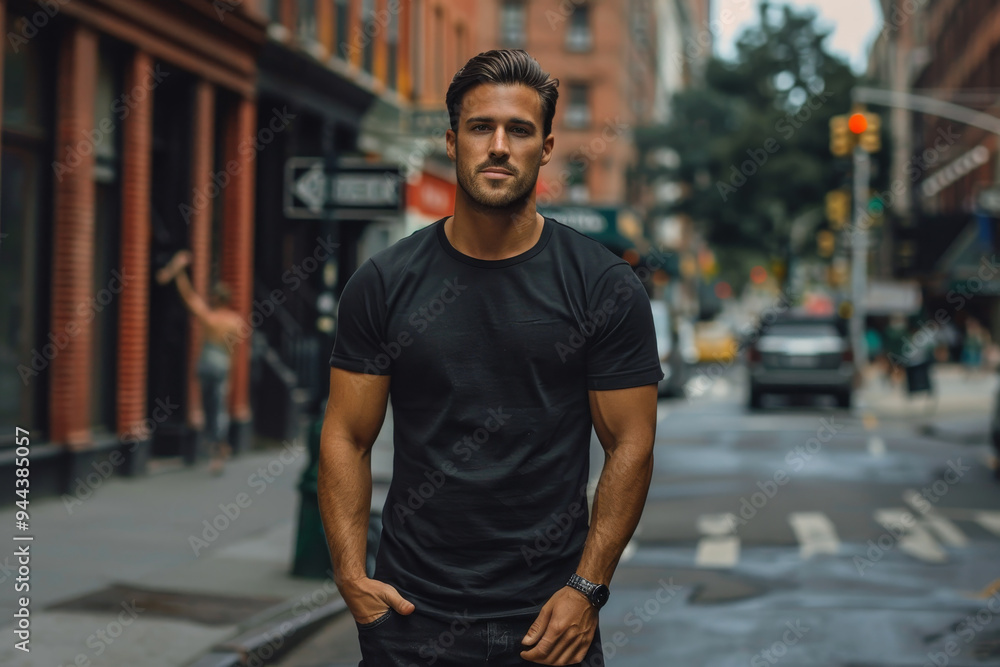 A man in a black shirt stands on a city street A man in a black shirt stands on a city street