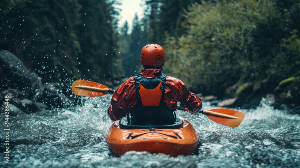 A kayaker rafting struggling with water splashes in boat in rapid river in mountain A kayaker rafting struggling with water splashes in boat in rapid river in mountain