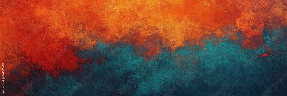 Fototapeta premium This artwork features a dynamic blend of warm orange tones merging with cooler shades of blue, creating a visually striking abstract composition