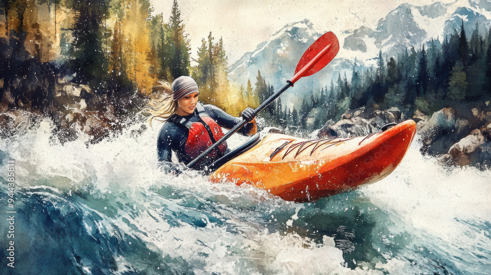 Fototapeta premium A kayaker rafting struggling with water splashes in boat in rapid river in mountain