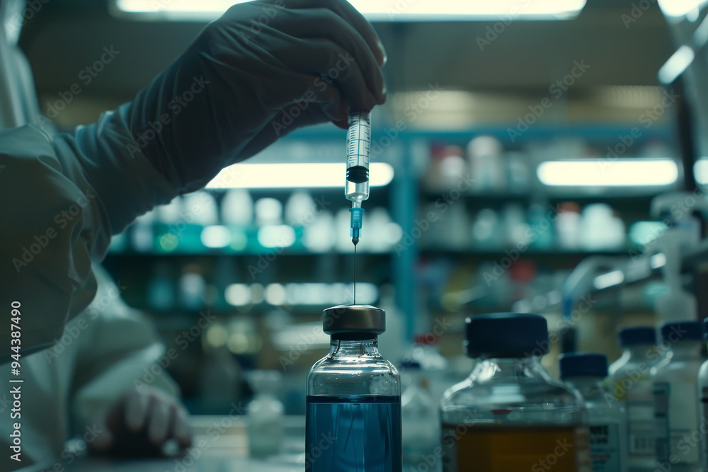 A person is injecting a blue liquid into a syringe A person is injecting a blue liquid into a syringe