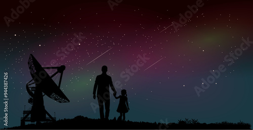 Vektor Silhouette - Vater und Tochter bei einem Radioteleskop vor beeindruckendem Nachthimmel mit Sternschnuppen und Nordlichtern - Kontakt - Festhalten