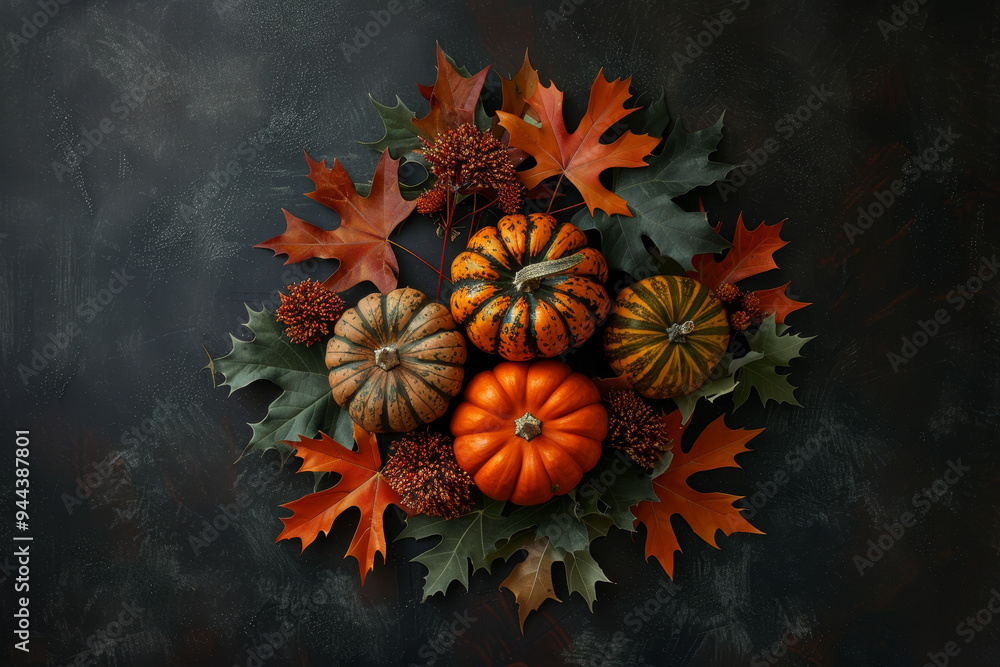 A beautiful arrangement of pumpkins and leaves on a dark background A beautiful arrangement of pumpkins and leaves on a dark background