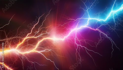 abstract illustration of colorful and powerful lightning bolts glowing on dark background