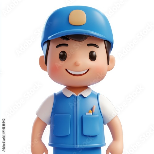 Smiley 3D boy with a white collared shirt, blue hat, and suspenders wearing a blue sweater