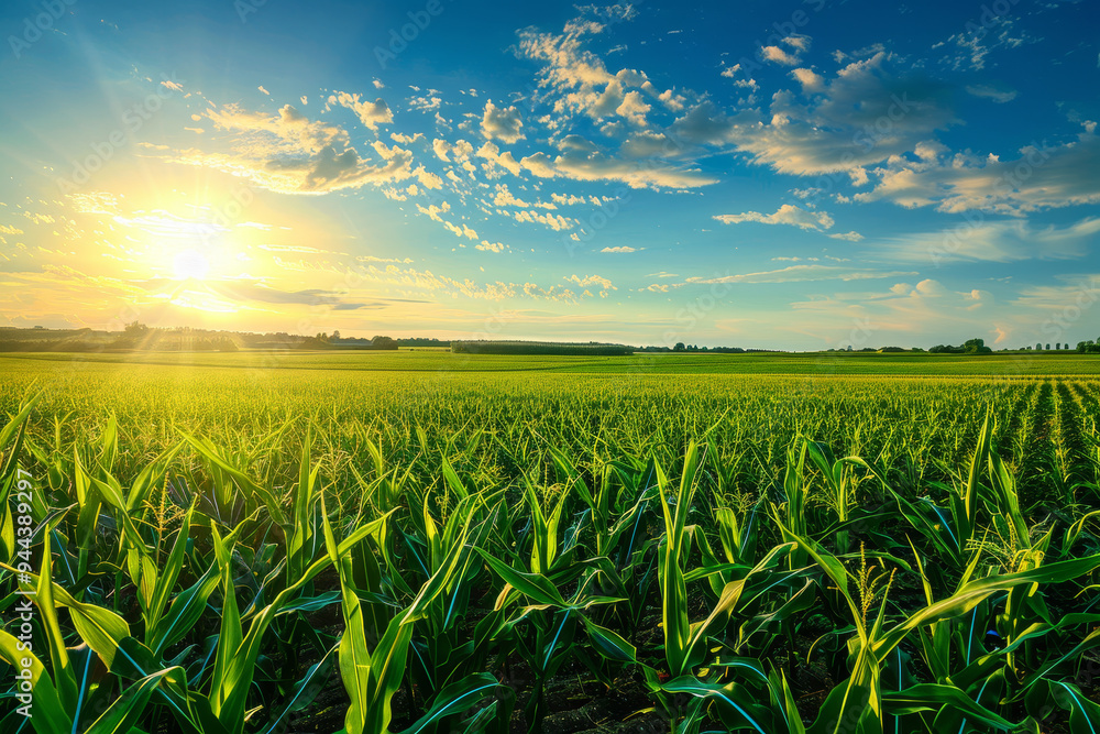 A field of corn is shown with a bright sun in the background A field of corn is shown with a bright sun in the background