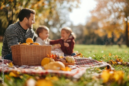 Family enjoying a sunny autumn day with a picnic in the park surrounded by colorful leaves and fresh seasonal produce