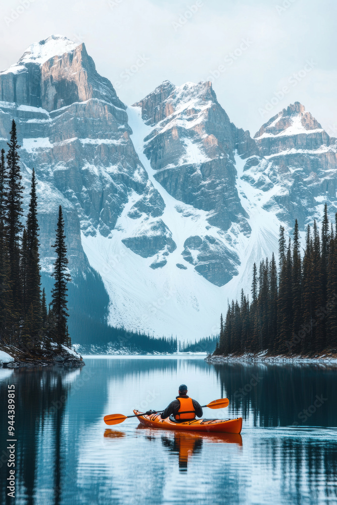 A person kayaking in lake water in winter with snow mountain A person kayaking in lake water in winter with snow mountain