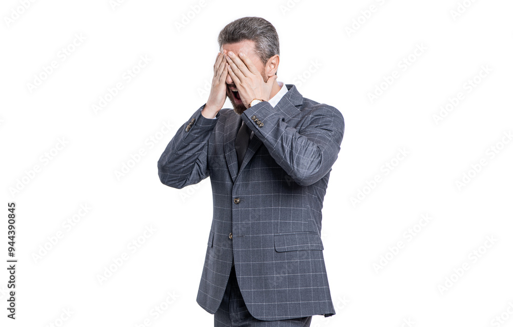 Business man got migraine touches head because of pain. Tired businessman have stress. Eye strain. Business man in suit with headache. Businessman rubbing tired eyes after computer work Business man got migraine touches head because of pain. Tired businessman have stress. Eye strain. Business man in suit with headache. Businessman rubbing tired eyes after computer work