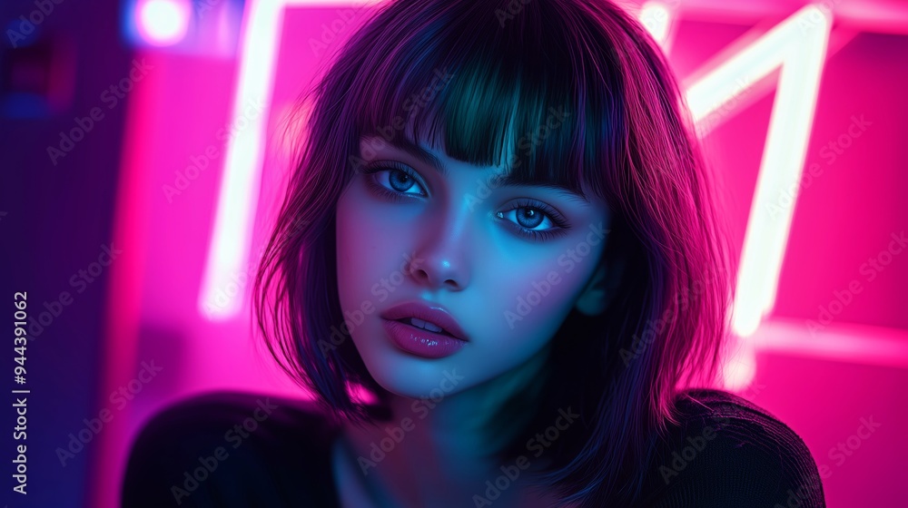 striking close-up portrait of a girl, Photography, Beauty, Portrait, Green Bob Haircut, Neon Lights striking close-up portrait of a girl, Photography, Beauty, Portrait, Green Bob Haircut, Neon Lights