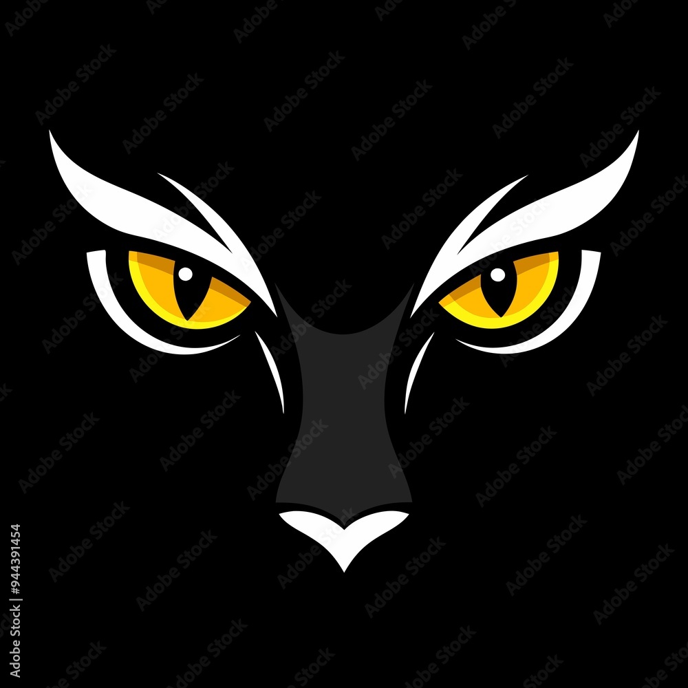 black and white cat face. silhouette of a hand-drawn panther in color on a black background black and white cat face. silhouette of a hand-drawn panther in color on a black background