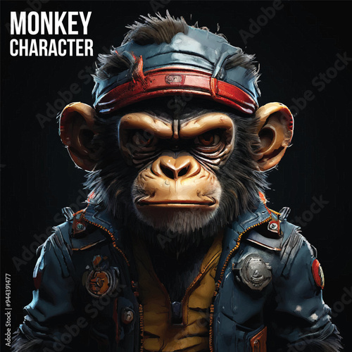 Mafia Monkey mascot cartoon character with black background | Animal Mafia Monkey cartoon character avatar design | 3D Render of Mafia Monkey black background | character cartoon, emotions, smiling, 