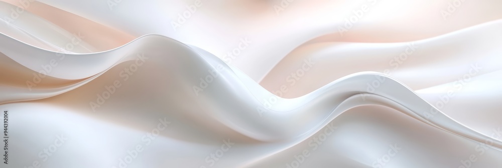 Fototapeta premium The white satin fabric undulates gracefully, reflecting light and presenting a luxurious texture in a calm, understated environment