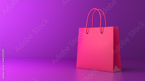 Sacola de compras rosa brilhante em fundo roxo vibrante, perfeita para lojas de varejo on-line, branding e temas de comércio eletrônico. Ilustração 3D. photo