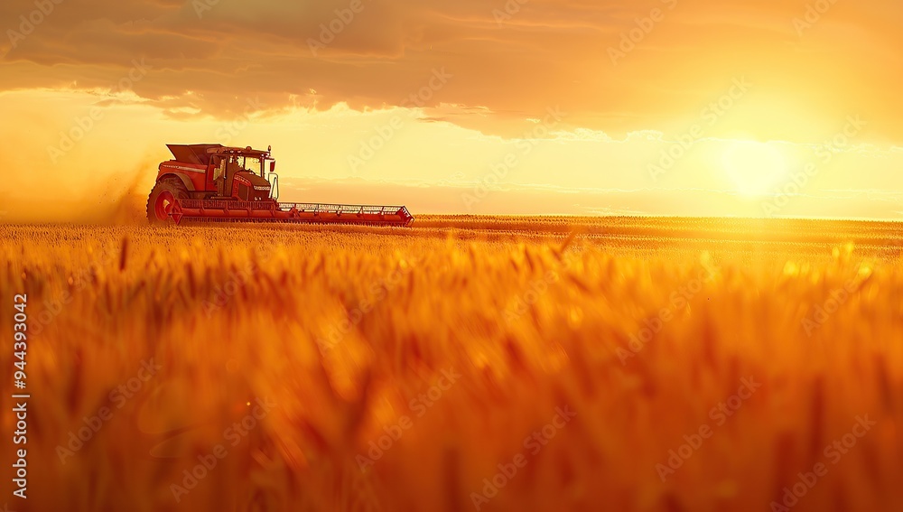 Fototapeta premium A red harvester is harvesting wheat in the golden fields