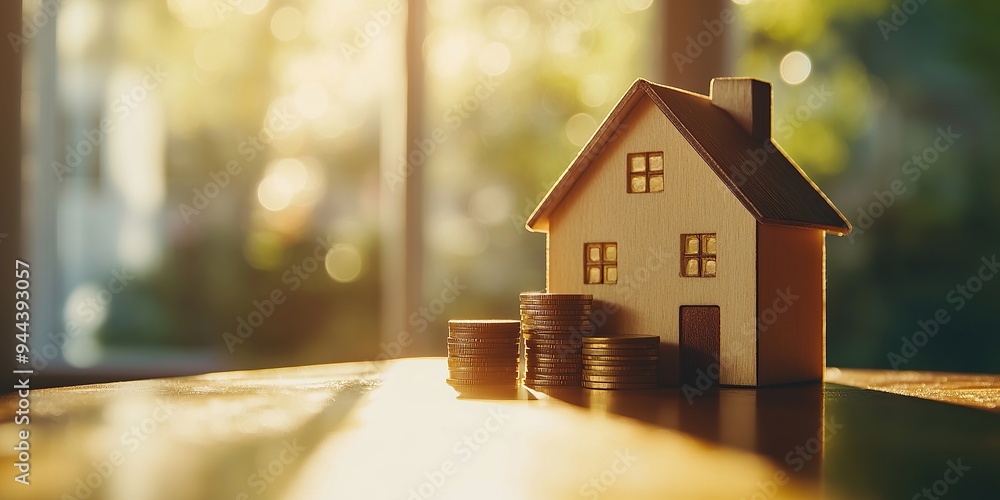 A retro style wooden house model and coins stack on a table, with a blurred background