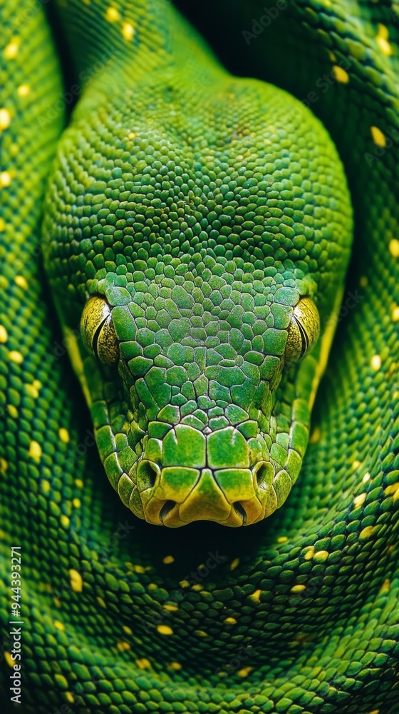 A striking close-up reveals the detailed textures and patterns of a green snake, highlighting the seamless connection of its scales in a lush environment. A striking close-up reveals the detailed textures and patterns of a green snake, highlighting the seamless connection of its scales in a lush environment.