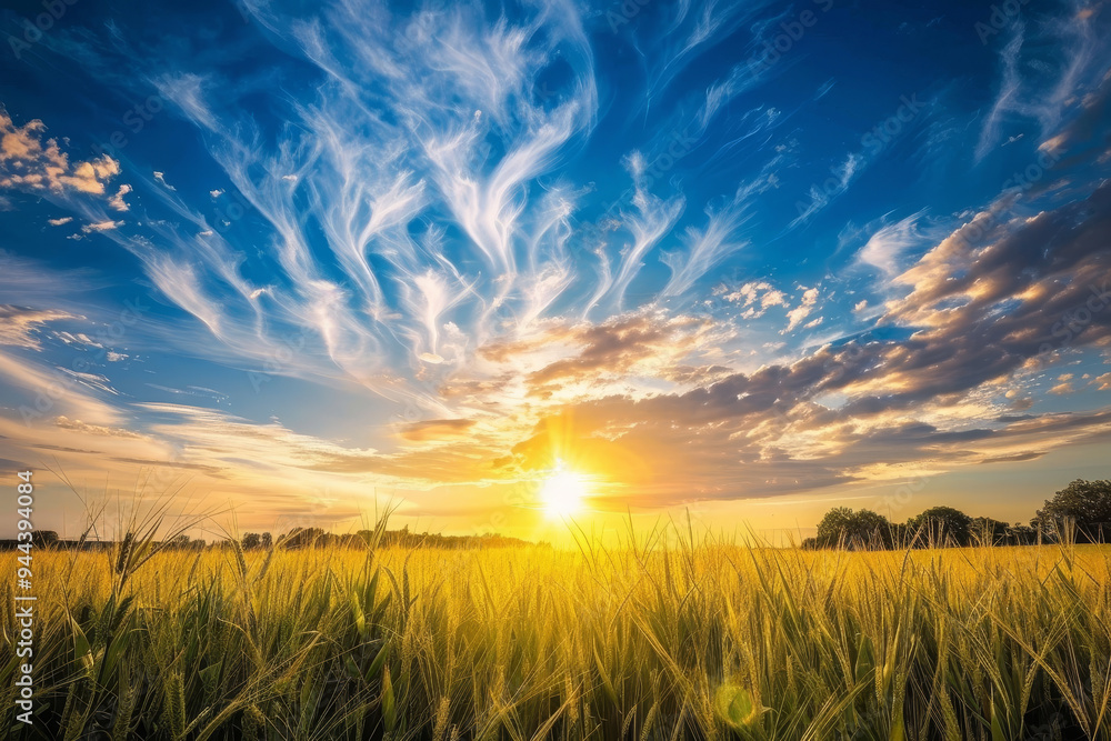 A field of grass with a bright sun in the sky A field of grass with a bright sun in the sky