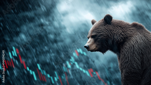A bear with dark, stormy clouds surrounding it, looming over crashing stock price bars, symbolizing the stormy weather of a bear market, against a plain stormy background.