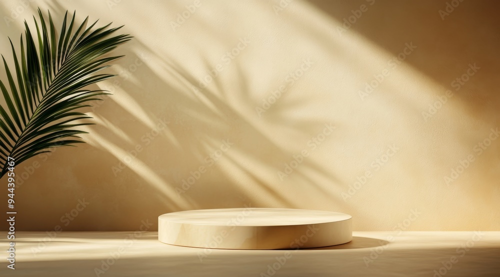 marble podium with a shadow and a palm leaf on a beige background for product presentation marble podium with a shadow and a palm leaf on a beige background for product presentation