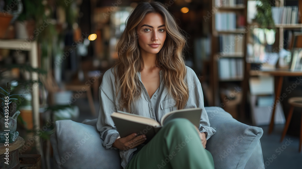 A relaxed middle-aged woman in green attire enjoys reading a book in a cozy, trendy caf? filled with plants and books A relaxed middle-aged woman in green attire enjoys reading a book in a cozy, trendy caf? filled with plants and books