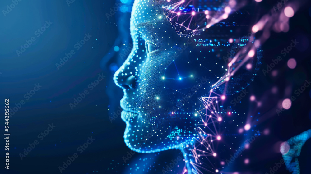 The woman's face is shown on a blue background with many lines and dots. a face that gives the impression of a futuristic or technological appearance. The woman's face is shown on a blue background with many lines and dots. a face that gives the impression of a futuristic or technological appearance.