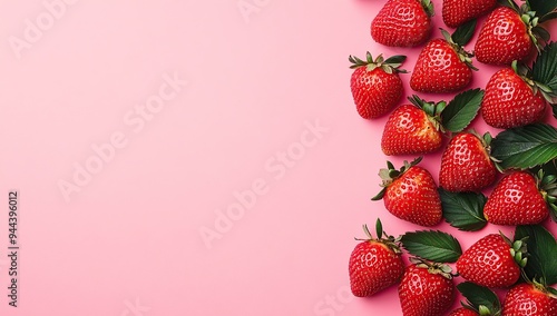 A pink background with strawberries on the right side, creating an empty space for text or design