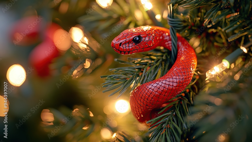 A red snake ornament hanging on the Christmas tree A red snake ornament hanging on the Christmas tree