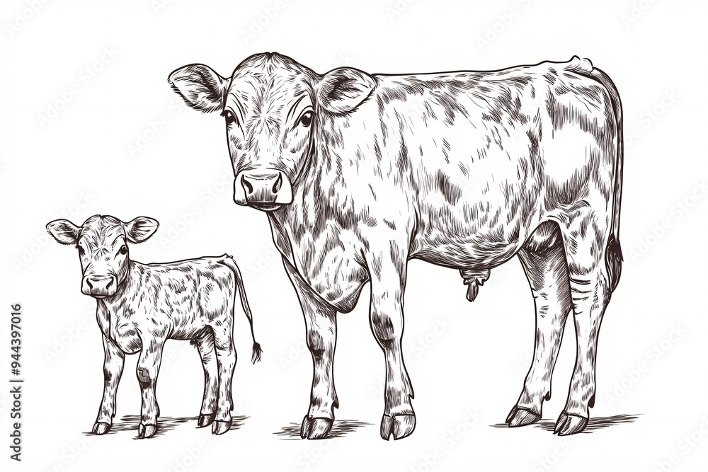 Fototapeta premium Hand-Drawn Illustration of Cow and Calf in Pastoral Scene