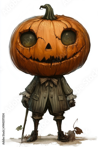 A whimsical and friendly pumpkin-headed character ready for Halloween festivities, evoking fun and cheer in a playful autumn atmosphere
