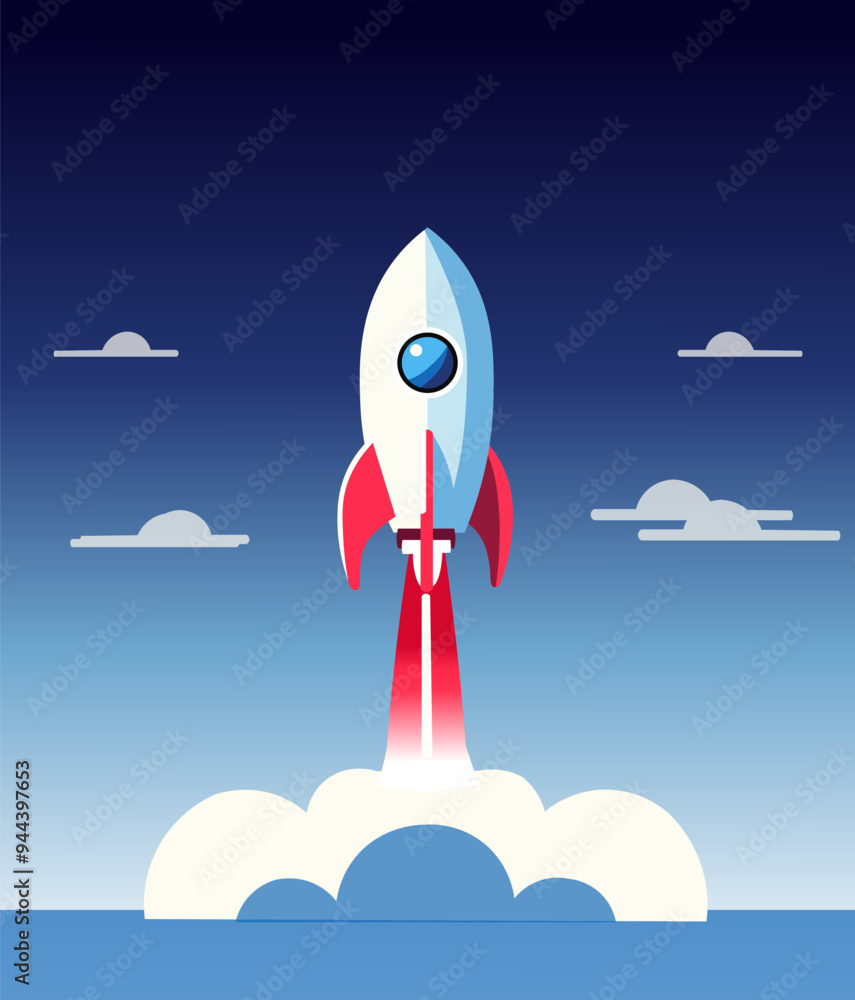 Fototapeta premium a flat design about a rocket taking off through the blue sky and clouds