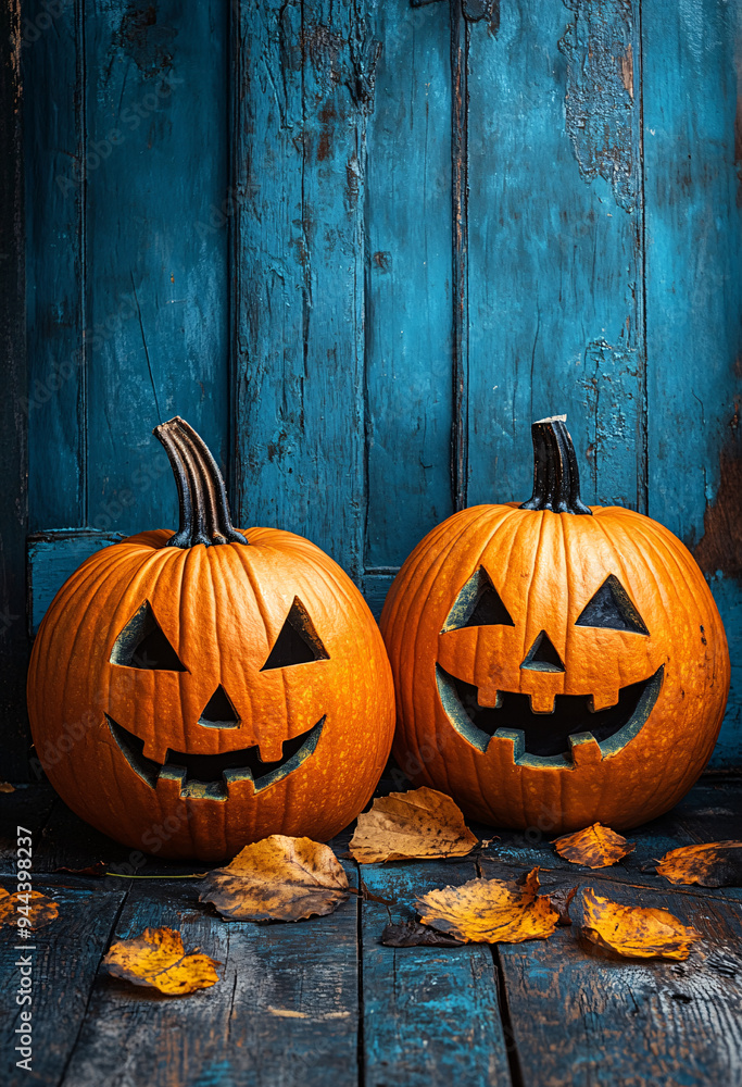 Halloween pumpkins with scary smiles lying on a wooden floor with a blue wall in the background, creating a spooky atmosphere perfect for holiday decoration. Halloween pumpkins with scary smiles lying on a wooden floor with a blue wall in the background, creating a spooky atmosphere perfect for holiday decoration.