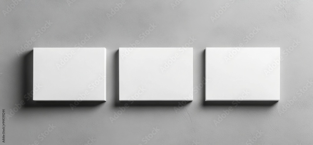 Three White Blank Rectangular Mockups on a Grey Background, Top View, Minimalistic Design Three White Blank Rectangular Mockups on a Grey Background, Top View, Minimalistic Design