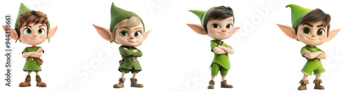 The Elf Squad: A quartet of determined, 3D-rendered elves stand ready for adventure, their arms crossed and expressions resolute, isolated on transparent background.